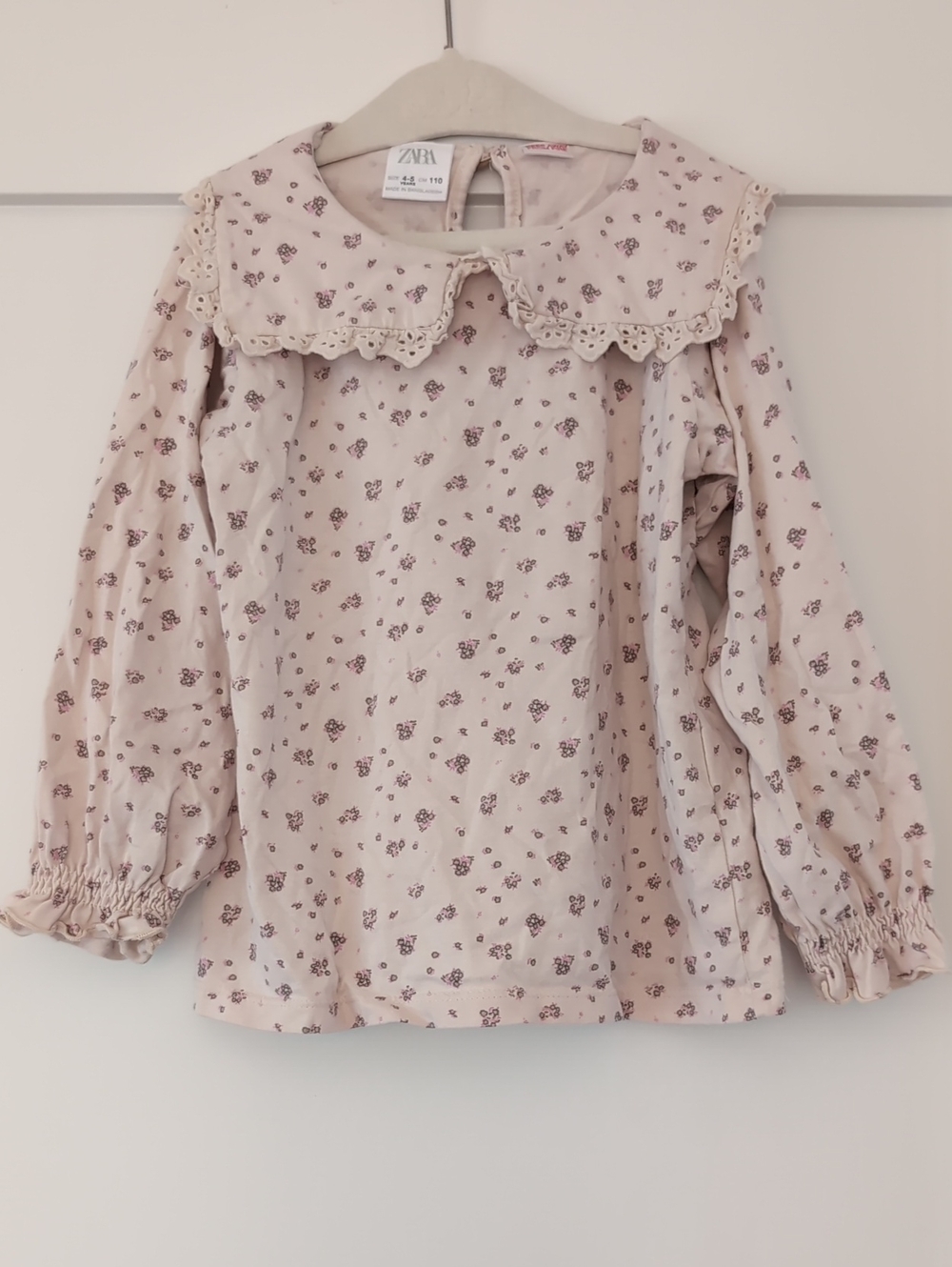 Zara Kids Cream-Pink Floral Long Sleeve Top with Scalloped Collar Sz4-5
